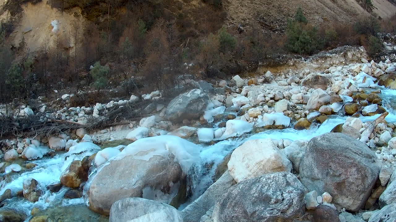 Slowmotion Creek river flows along the rocks in the forest in mountains
