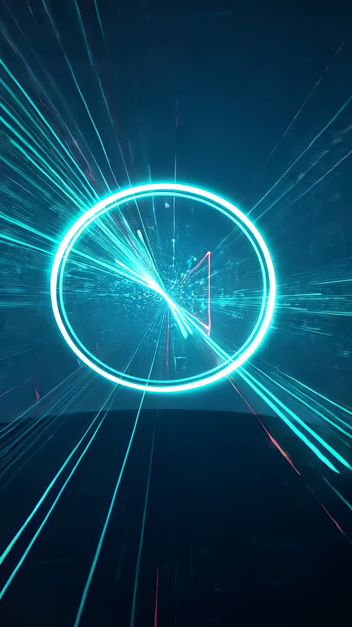 Vertical video: Opening glowing cyan ring rotating on screen with pulsing streaks and magenta wedge