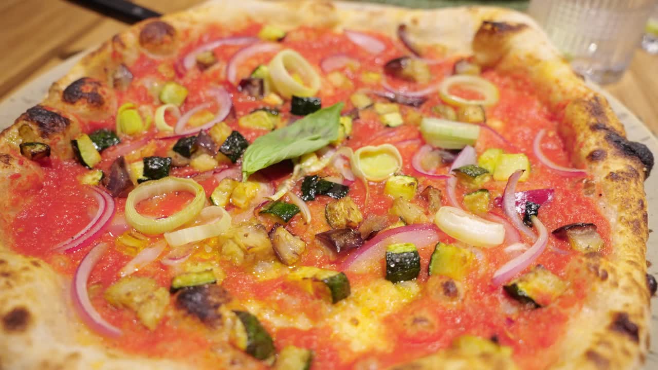 Fresh Bake Mediterranean Veggie Pizza. Closeup Shot