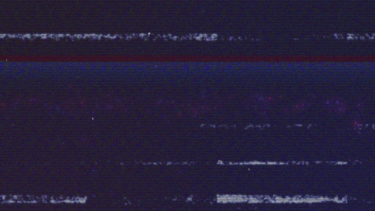 Distorted glitch animation over dark background with horizontal lines