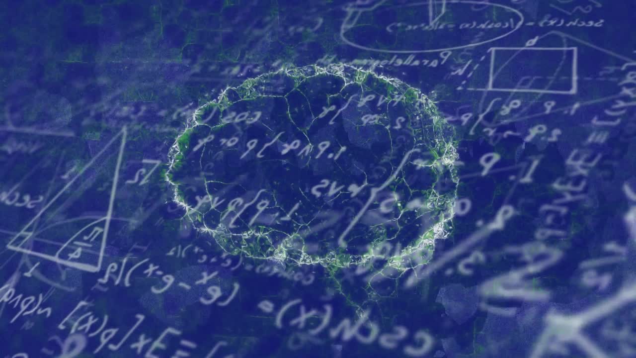 After one-second glowing green ring appearing over math board evolving into network before fading