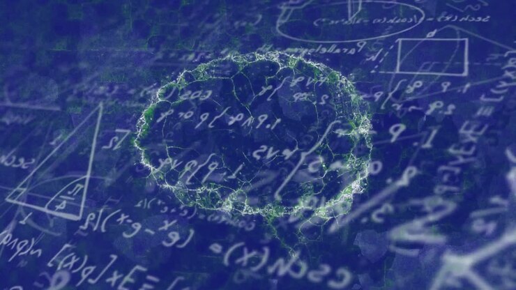 After one-second glowing green ring appearing over math board evolving into network before fading