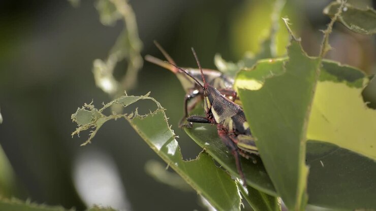 Two crickets grasshoppers resting on sharing a bitten leaf