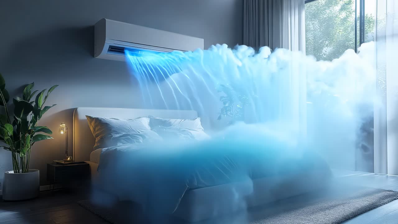 A bedroom with a large bed and a window. The window has a curtain that is open, and the room is illuminated by a light. The bed is covered with a white comforter and a blue blanket