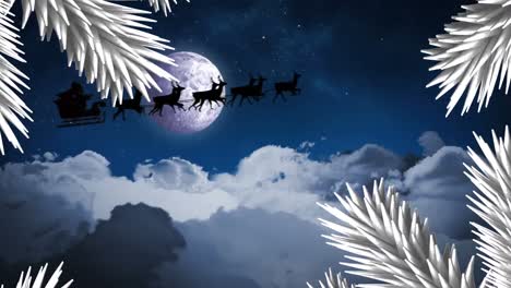 White-tree-branches-over-santa-claus-in-sleigh-being-pulled-by-reindeers-against-moon-in-night-sky