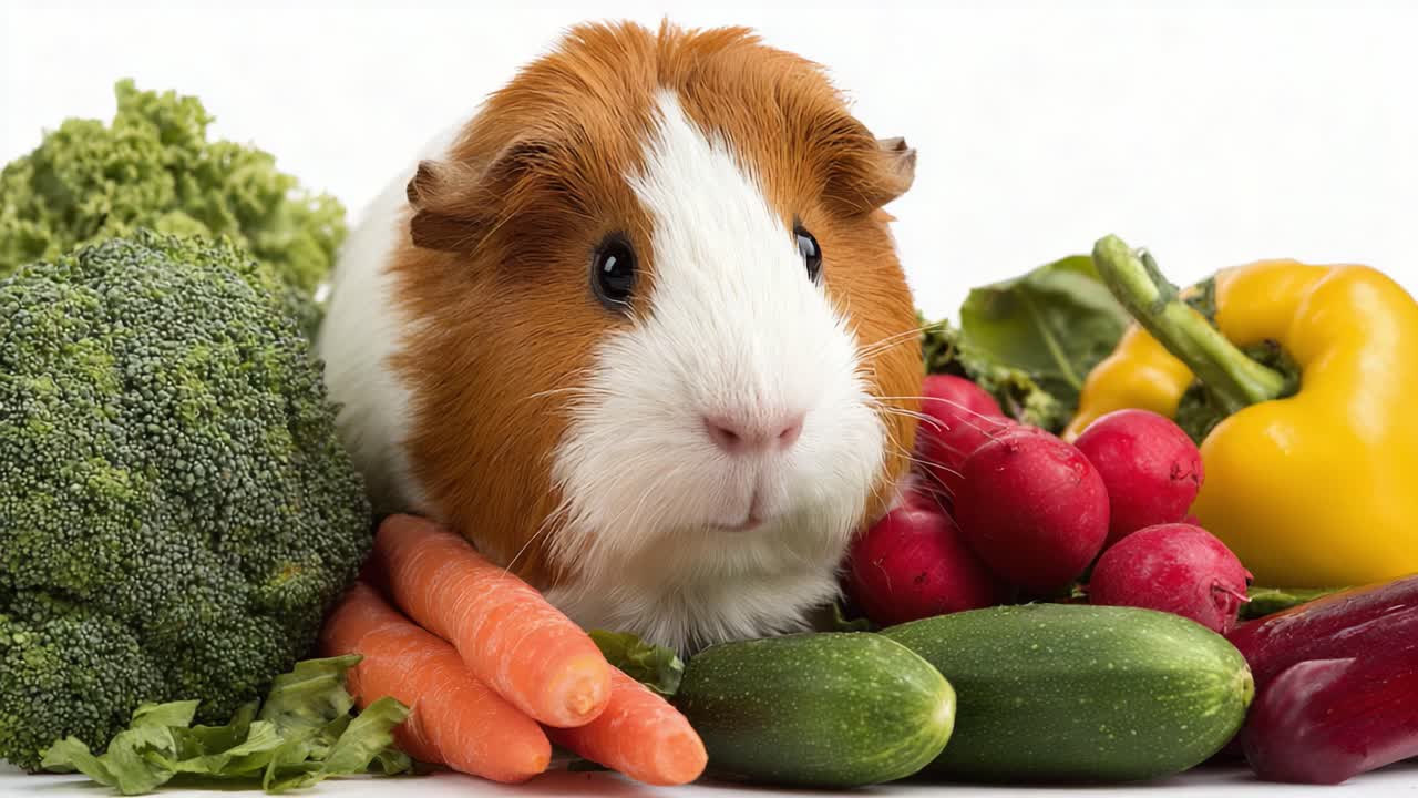 A Curious Guinea Pig Surrounded by Fresh Vegetables, Highlighting Healthy Habits and Diet Choices for Small Animals in a Colorful Composition