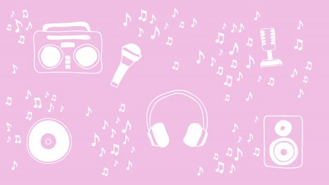 Animación-Loopable-De-Equipo-De-Música-Rodeado-De-Notas-Musicales-Sobre-Un-Fondo-Rosa