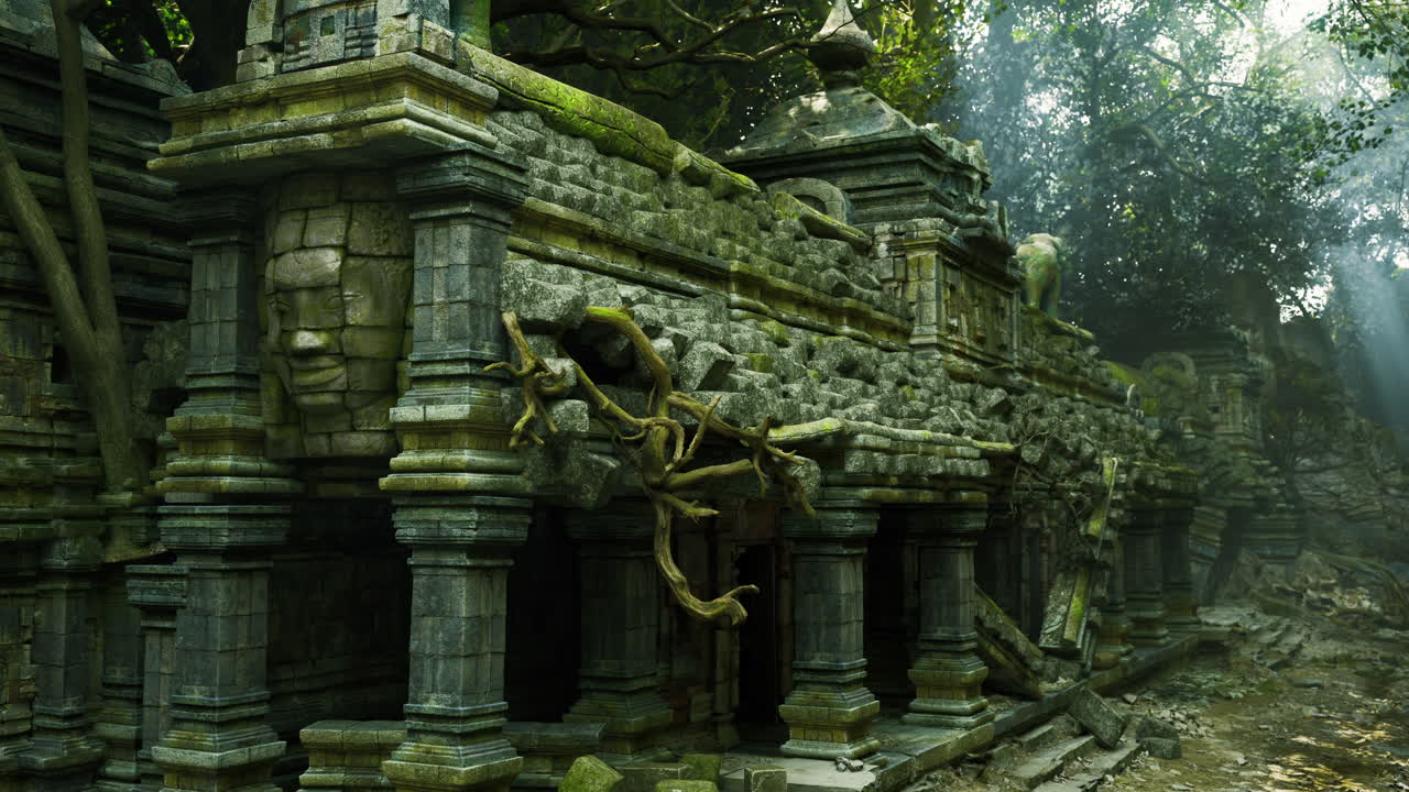 Antiche rovine di pietra ricoperte di piante rampicanti nella giungla cambogiana