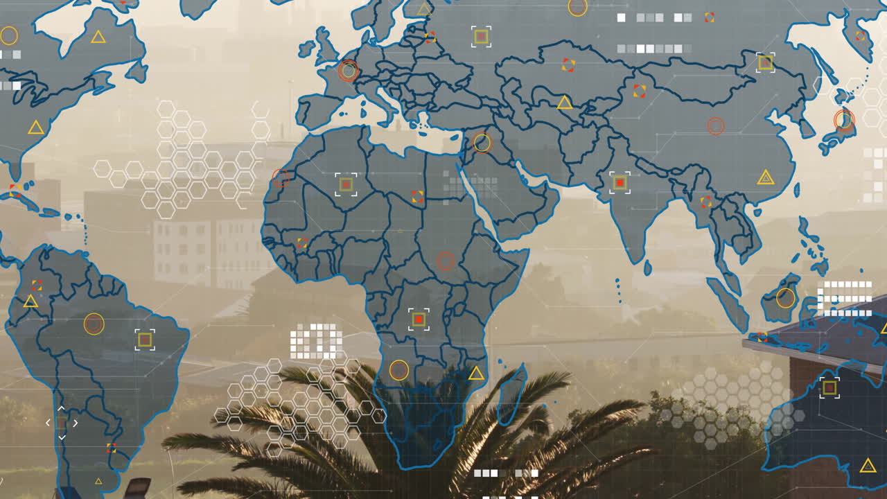 World map with data processing animation overlaid on urban landscape with palm trees
