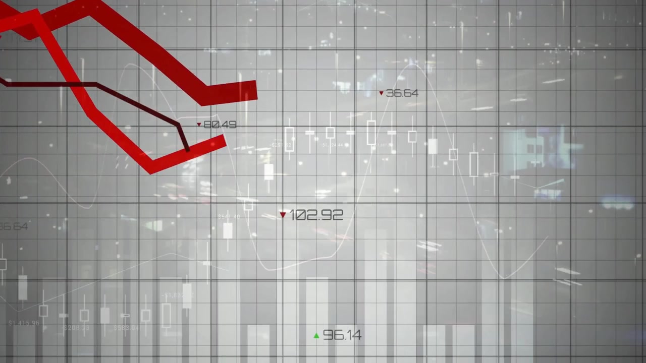 Financial dashboard filling transparent grid displaying candlesticks bars line red and green arrows