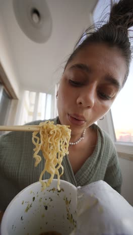 woman eating noodles with chopsticks