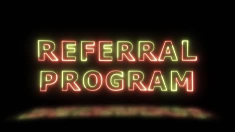 'referral program' yellow and orange electric border lines title animation with reflection on a floor. simple loop animated text. 4k typography motion graphic