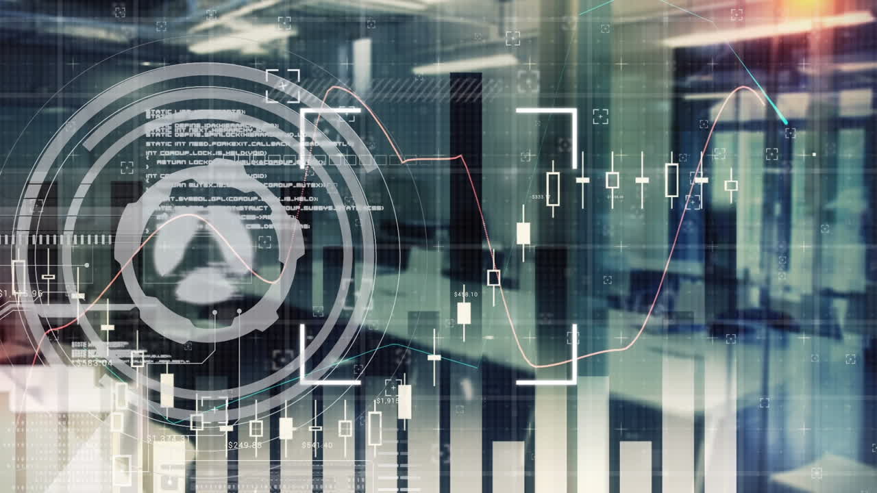 Financial data processing and round scanner against empty office in background