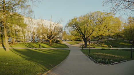 a sunny spring day in an urban park with lush green grass and mature trees