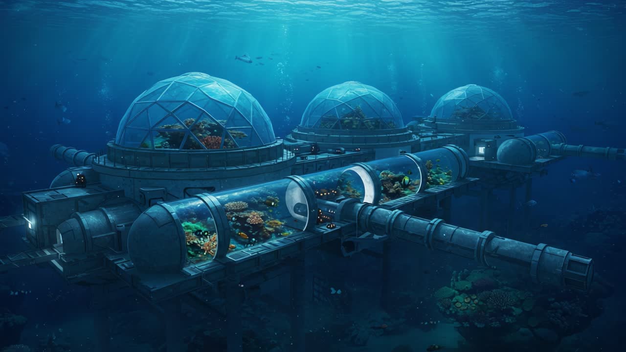 Exploring an Underwater Habitat with Transparent Domes and Aquatic Life Showcased Through Observation Tanks in a Vibrant Marine Environment