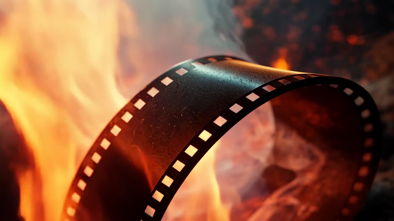 Curving film strip contacting glowing embers and smoke in pit, burning with curling scorched edges