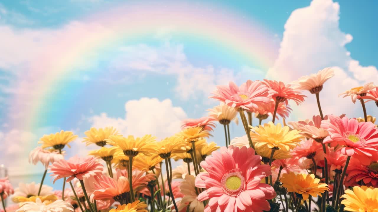 Vibrant flowers bloom under a bright rainbow in a dreamy, pastel setting video