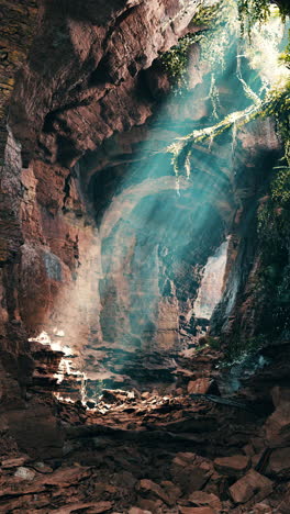 los rayos de sol iluminan la entrada de una misteriosa cueva en una exuberante jungla.