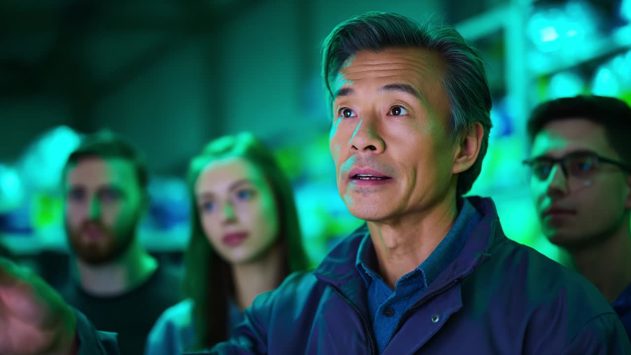 In a dimly lit warehouse, a group of individuals listen attentively as an older man gestures emphatically, sharing insights or instructions in a collaborative environment filled with colorful inventory