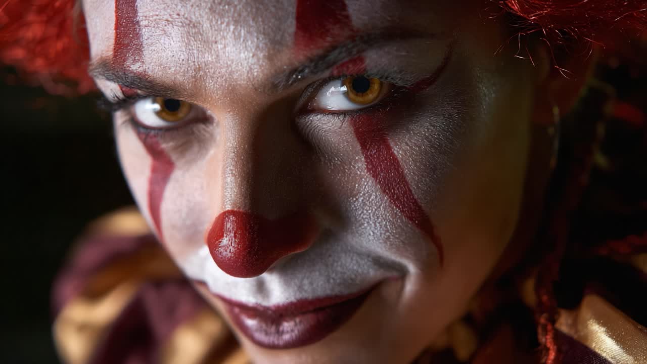 An Intense Close-Up of a Clown with Bold Makeup and Captivating Eyes, Highlighting the Intricacies of Creative Face Painting and Evocative Expressions