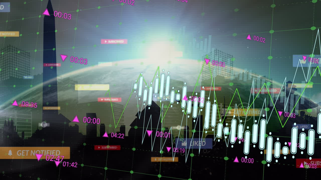 도시 풍경 위의 데이터 처리 애니메이션