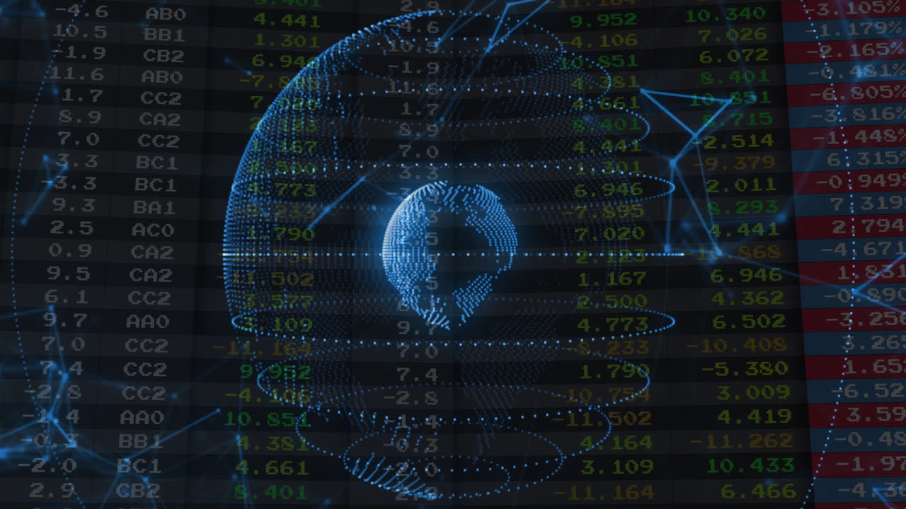 Animation of statistics and digital data processing over globe on dark background