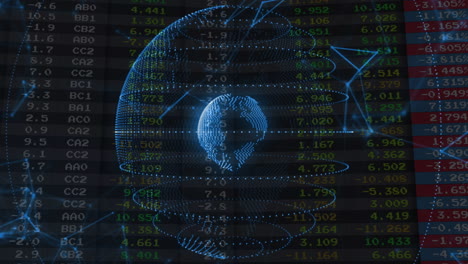 animation of statistics and digital data processing over globe on dark background