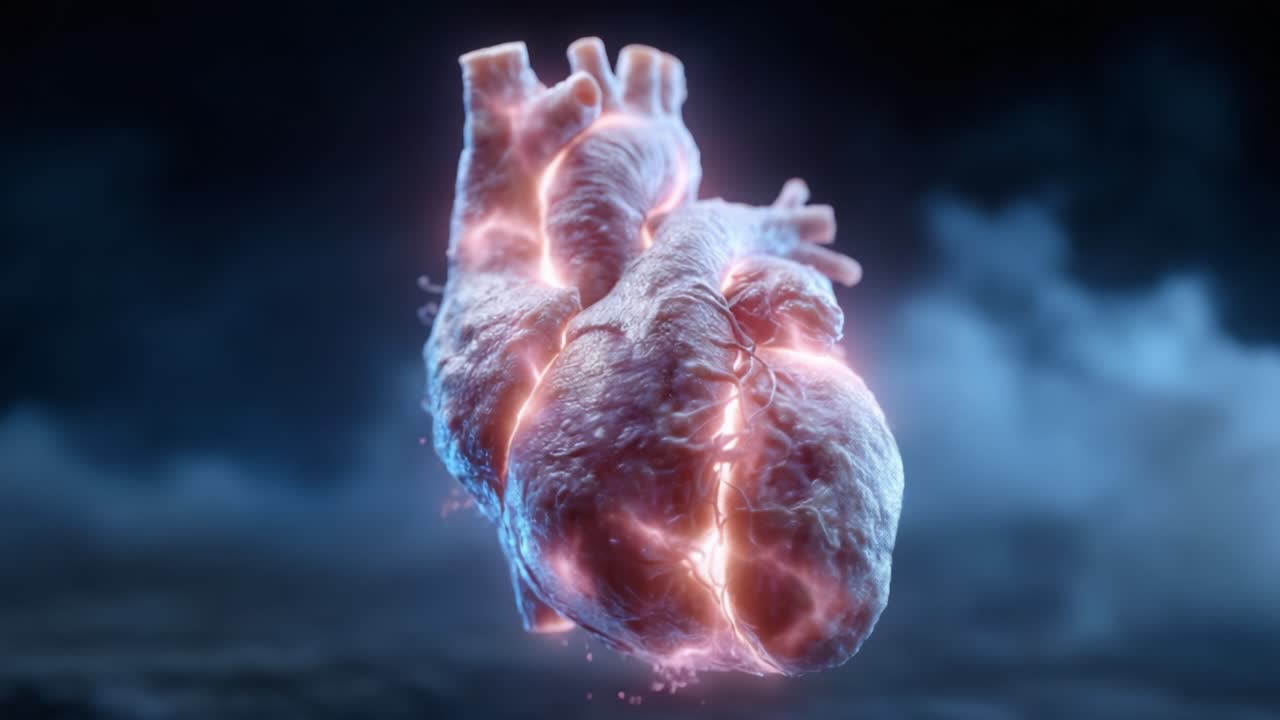 A Stunning Visualization of a Human Heart Emphasizing Its Intricate Structure and Functionality with Glowing Effects Against a Dark Background