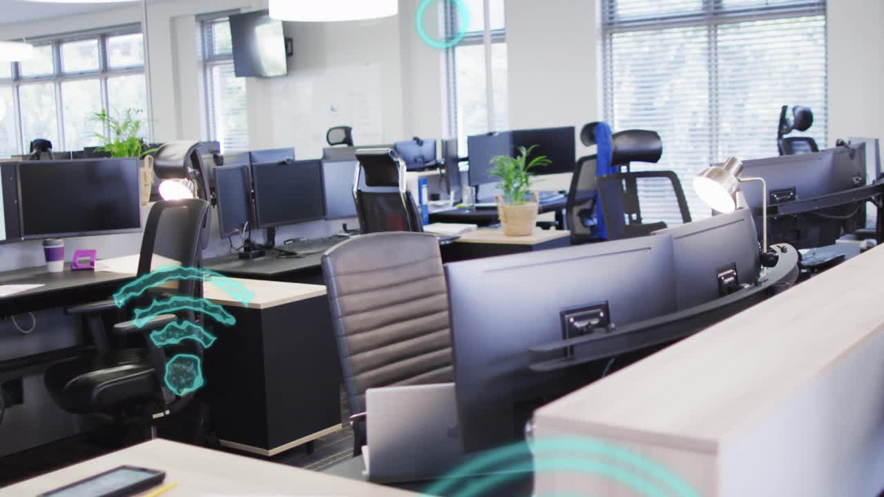 Office with empty desks featuring animation of digital network symbols