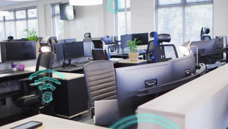 office with empty desks featuring animation of digital network symbols