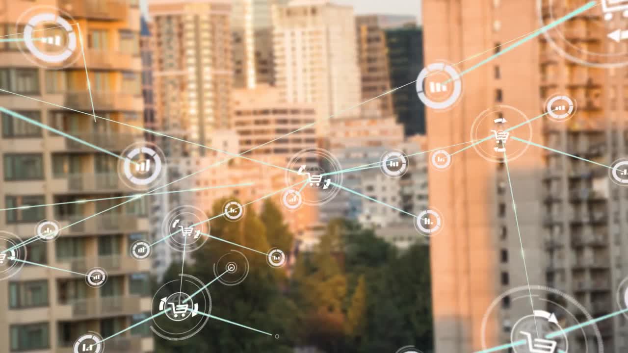 animación de una red de iconos digitales frente a una vista aérea de edificios altos