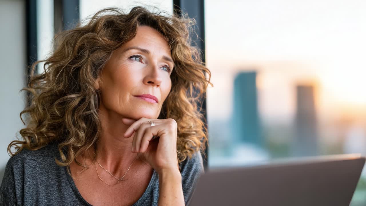 Contemplative Woman Reflecting by a Window While Working on a Laptop, Capturing a Moment of Thoughtfulness Against a Cityscape Background