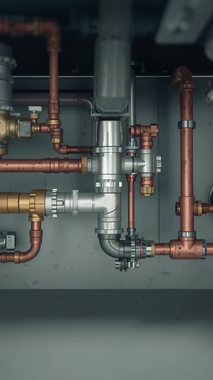 Vertical video: Tilting camera exposing center T-joint in service chase showing lower pipes