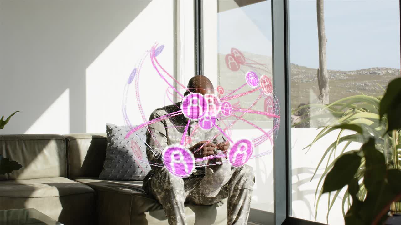 Military soldier tapping device generating pink hologram showing connections expanding around torso