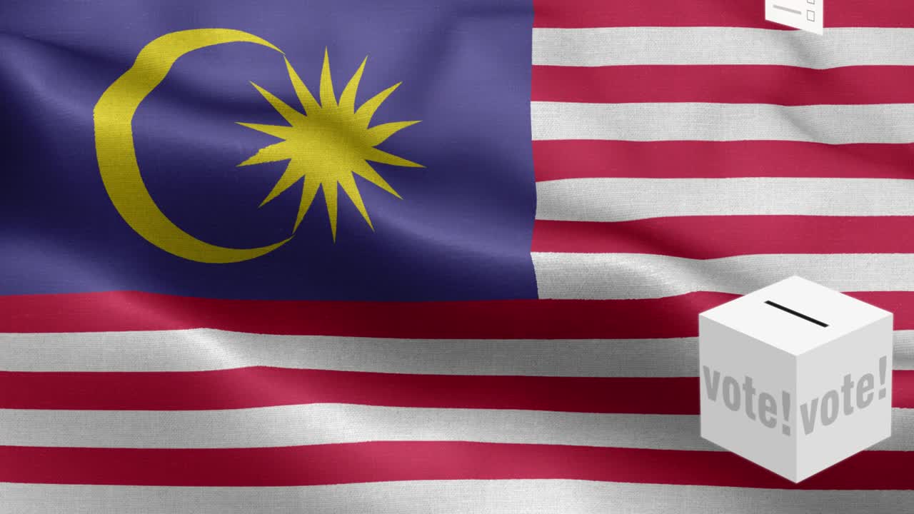 Schede volano nell'urna per le elezioni in Malesia - Urna elettorale davanti alla bandiera - Elezioni - Voto - Bandiera della Malesia - Bandiera della Malesia ad alta definizione - Bandiera nazionale della Malesia con motivo a onde, elementi in loop - Texture tessuto e loop infinito.