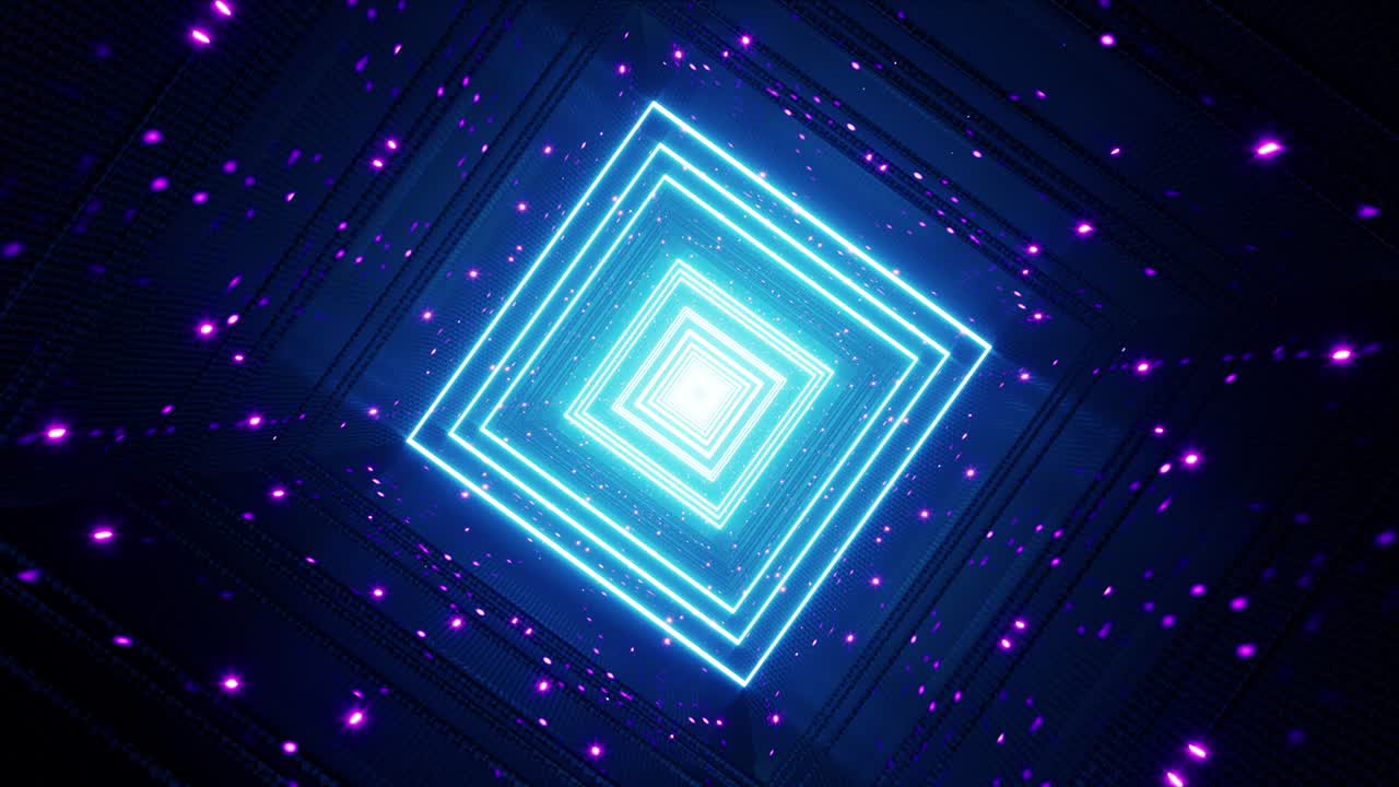 Scintillante tunnel di luce quadrato blu neon. VJ Loop