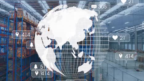 animation of media icons and warehouse over globe