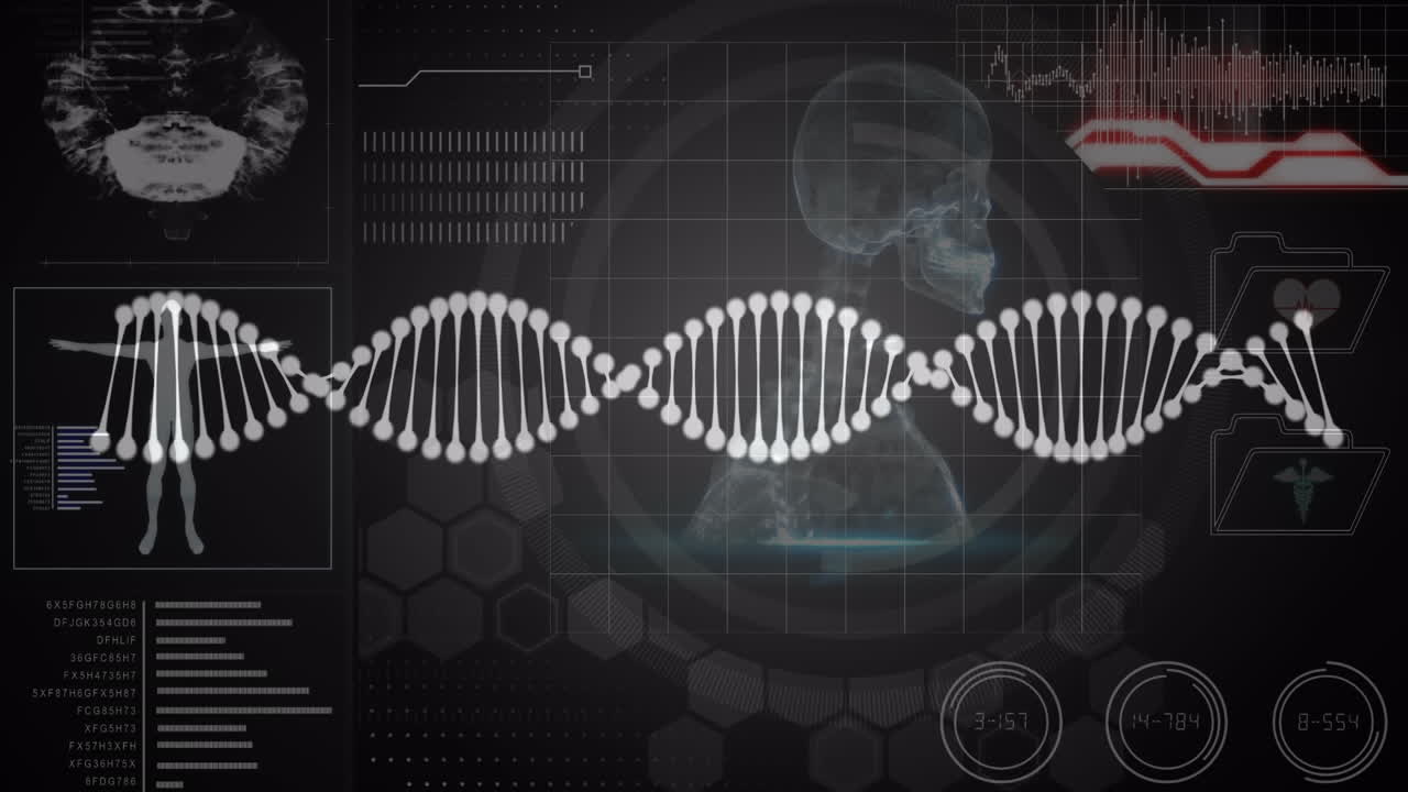 Animation of dna strand over data processing and digital human
