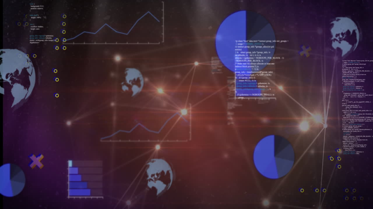 animación de formas abstractas y procesamiento de datos estadísticos contra una red brillante de conexiones