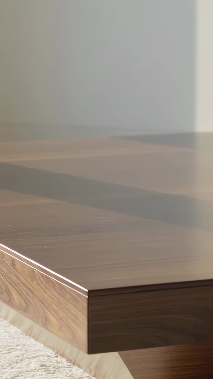 Vertical video: Pulling back camera, shifting light revealing walnut platform in home with rug