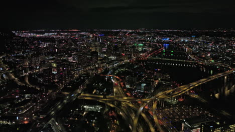 portland oregon aerial v115 flyover waterfront downtown area capturing night cityscape, traffics on complex highways, riverside harbor drive and naito parkway - shot with mavic 3 cine - august 2022