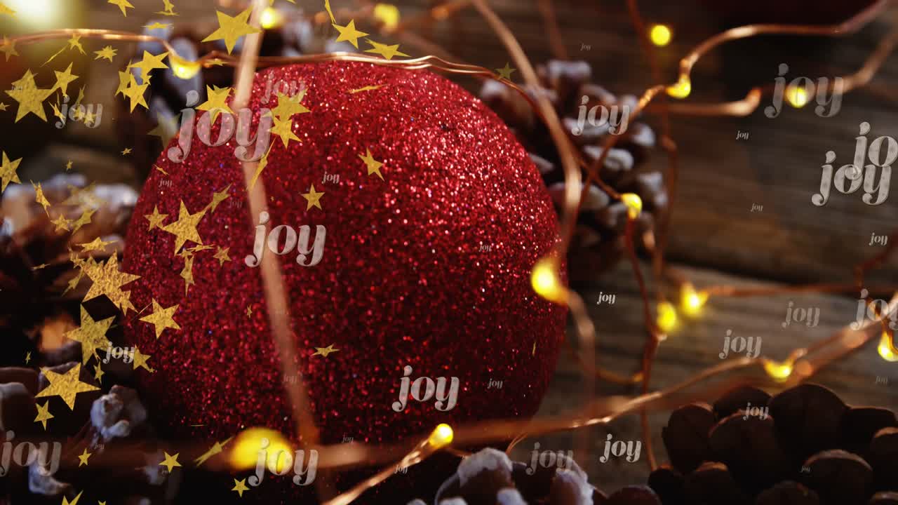 animación de texto de alegría en repetición sobre estrellas y decoraciones navideñas