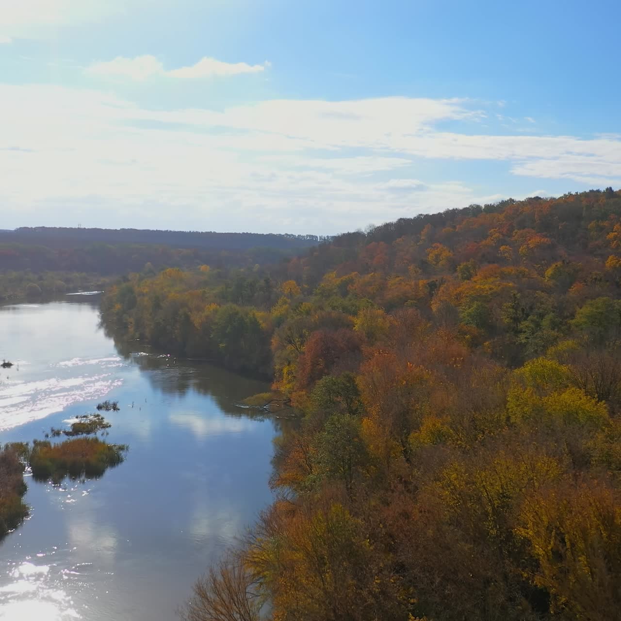 Nature landscape in autumn. Panoramic view of idyllic forest with bright trees in fall season and river. Orange, green, yellow, red leaves treetops of woods. Aerial view