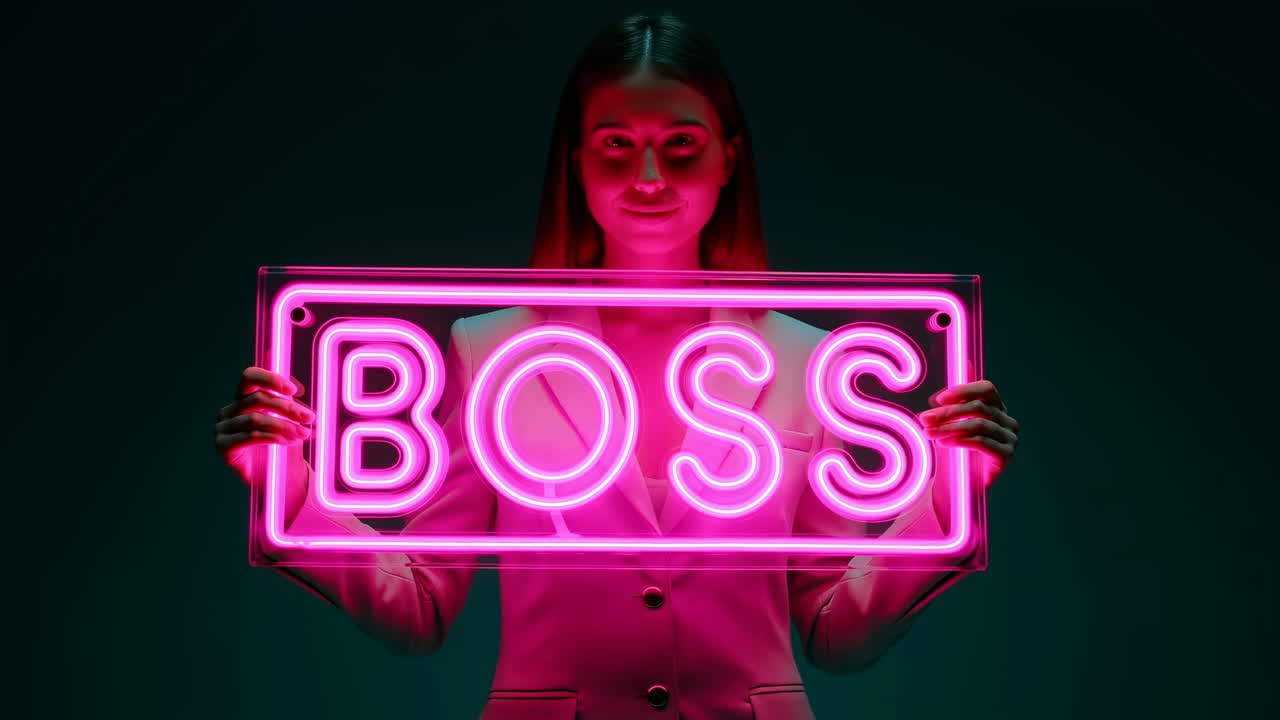 Donna bianca che tiene in mano un'insegna neon con scritto BOSS, sfondo scuro dello studio, con un bagliore rosa che le illumina viso e blazer, fiduciosa.