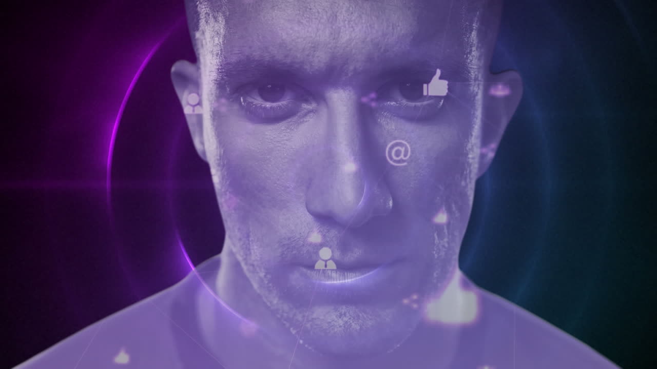 animación del retrato de un hombre serio con iconos de redes sociales digitales en línea