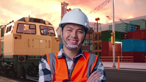 close up of asian male engineer with safety helmet crossing his arms and smiling to camera while standing with freight cargo train at port
