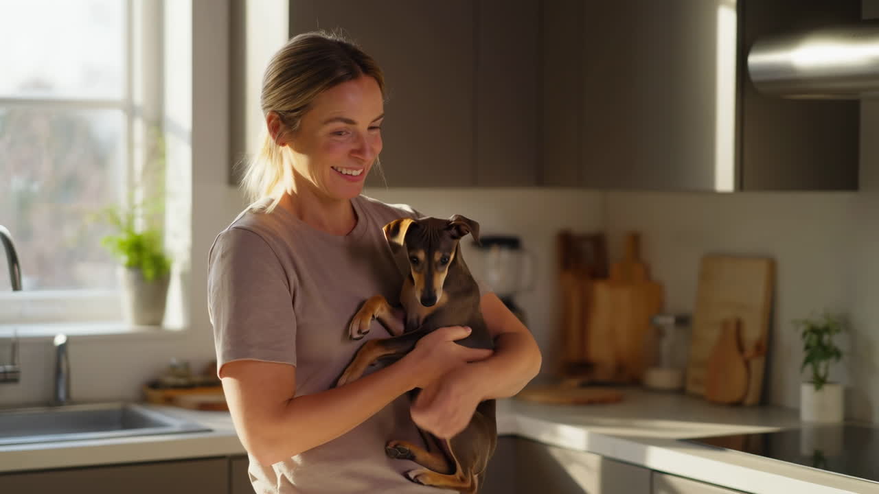Happy Woman Holding and Cuddling Her Small Puppy in a Modern Kitchen