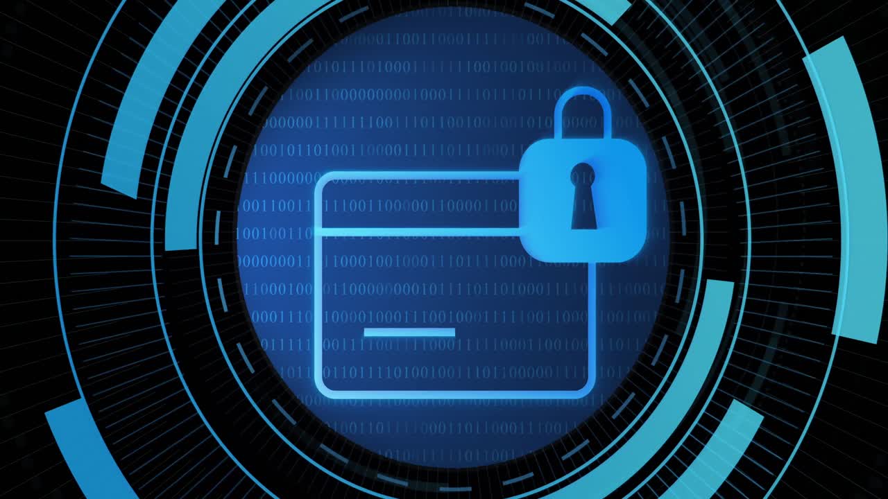 animación de la tarjeta y el candado digital en el círculo de procesamiento sobre fondo negro