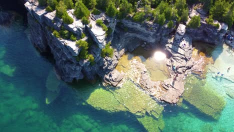 top view of tourists at the rugged shoreline of georgian bay in ontario, canada