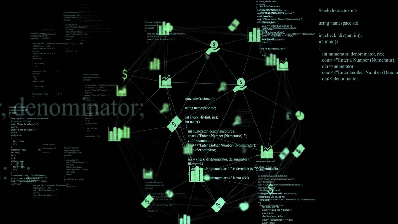검은색 배경에 있는 데이터 처리 및 비즈니스 아이콘의 애니메이션
